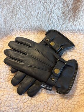 Vintage ‘Hand Armor’ Black Leather Driving Motorcycle Gloves with Snap Strap M